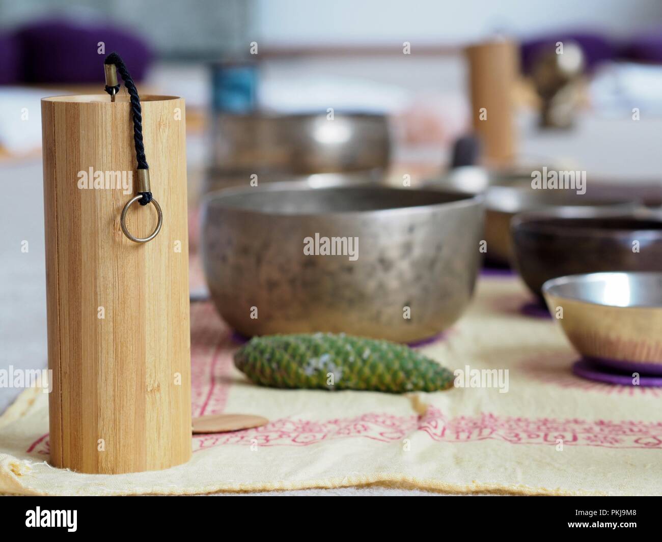 Set up for sound healing with singing bowls and a koshi chime Stock ...