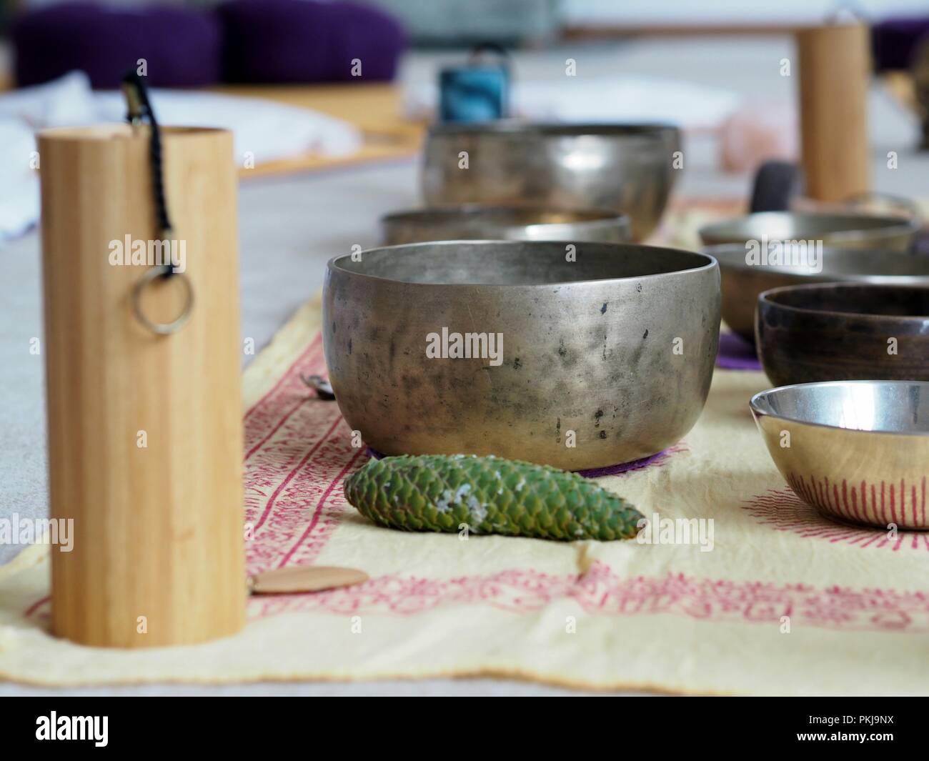 Set up for sound healing with singing bowls and a koshi chime Stock ...