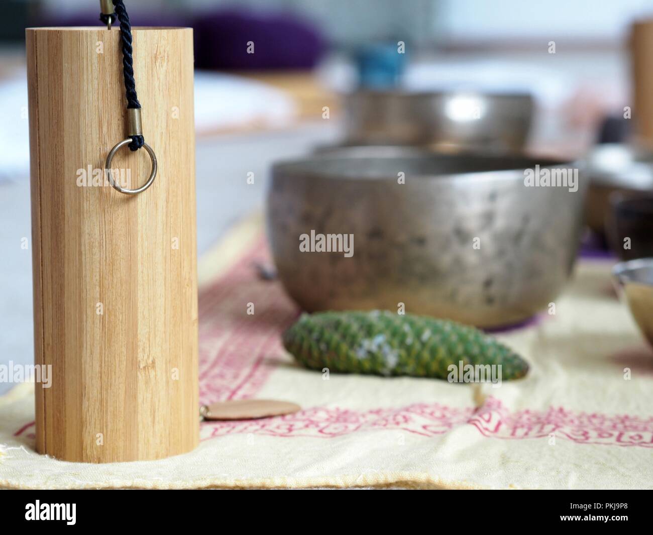 Set up for sound healing with singing bowls and a koshi chime Stock ...
