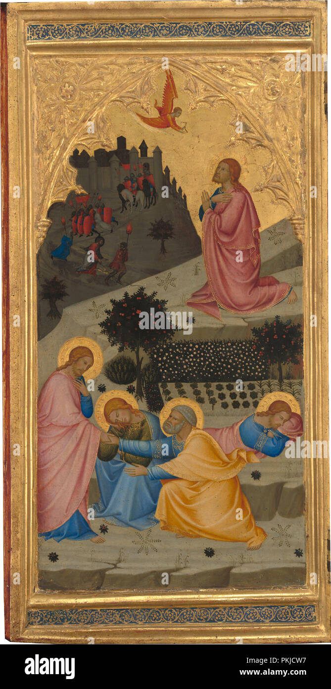 Scenes from the Passion of Christ: The  Agony in the Garden [left panel]. Dated: 1380s. Dimensions: painted surface: 47 × 23.8 cm (18 1/2 × 9 3/8 in.)  overall: 56.7 × 29.3 × 3.3 cm (22 5/16 × 11 9/16 × 1 5/16 in.). Medium: tempera on panel. Museum: National Gallery of Art, Washington DC. Author: ANDREA VANNI. Stock Photo