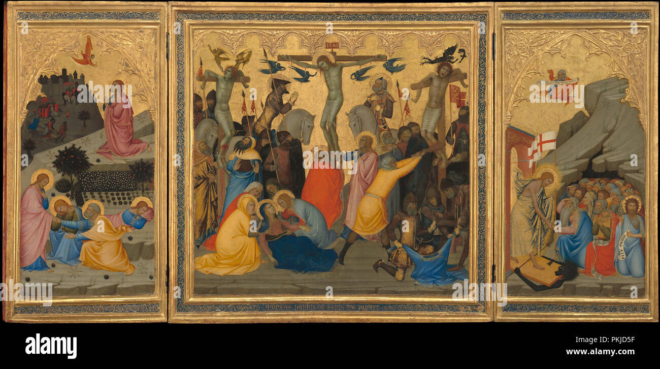 Scenes from the Passion of Christ: The Agony in the Garden, the Crucifixion, and the Descent into Limbo [entire triptych]. Dated: 1380s. Dimensions: overall: 56.9 × 116.4 × 3.4 cm (22 3/8 × 45 13/16 × 1 5/16 in.). Medium: tempera on panel. Museum: National Gallery of Art, Washington DC. Author: ANDREA VANNI. Stock Photo