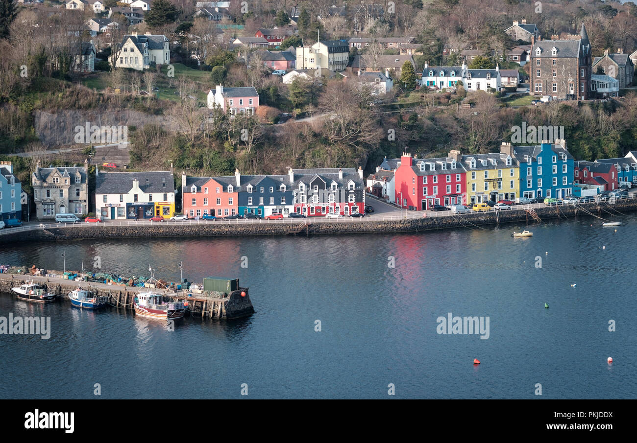 Aeial view in morning light of Tobermory Bay on the Isle of Mull, Wednesday 11 April 2018, Isle of Mull, Scotland Stock Photo