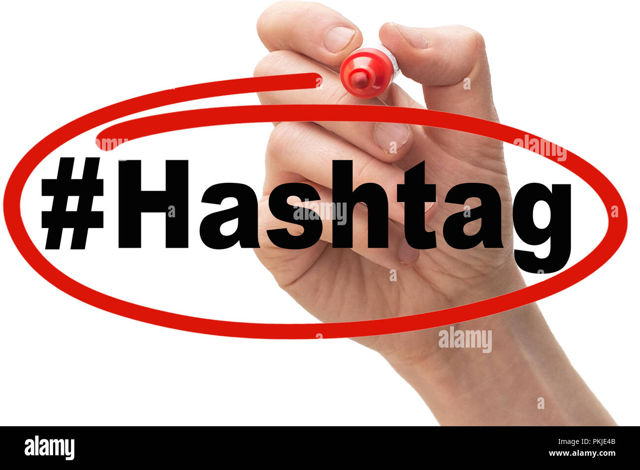 Hand drawing a red circle around the text hashtag Stock Photo Alamy