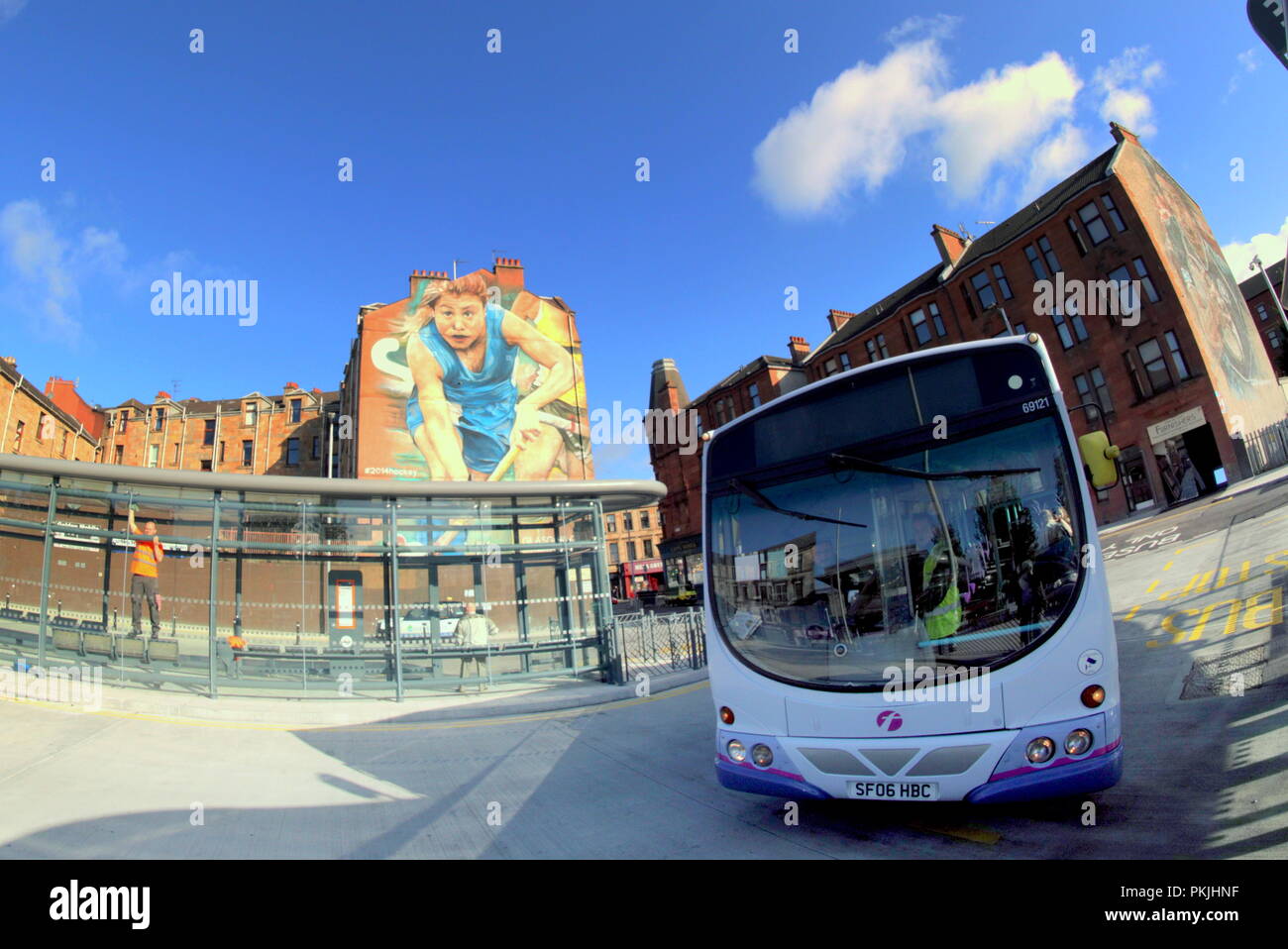 UK Weather: Sunny weather on the newly revamped Partick bus station opened after extensive remodelling and renovation Stock Photo