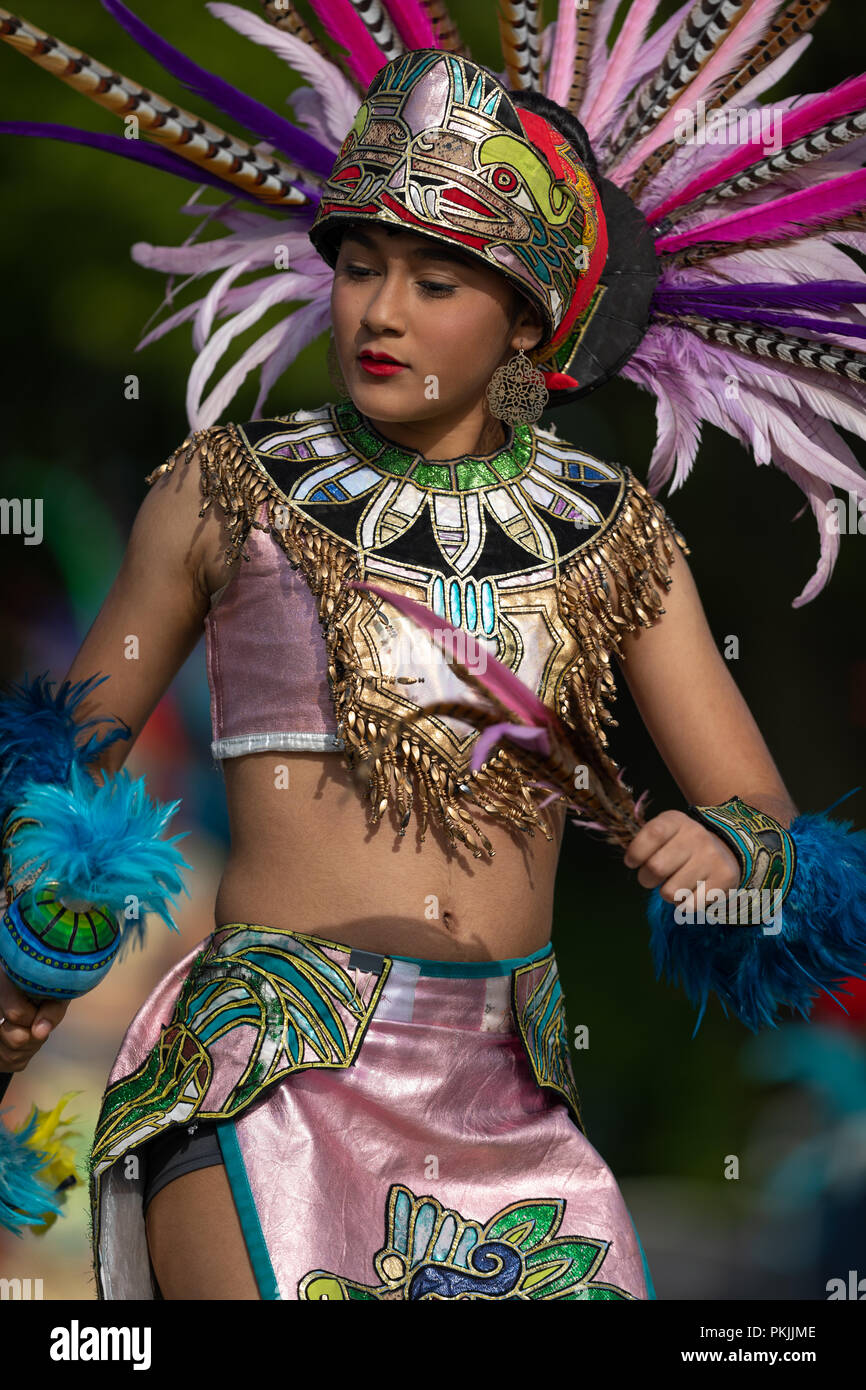 Milwaukee, Wisconsin, USA - September 8, 2018 The Indian Summer Festival: Men women and children members of the Dance Academy of Mexico performing Azt Stock Photo