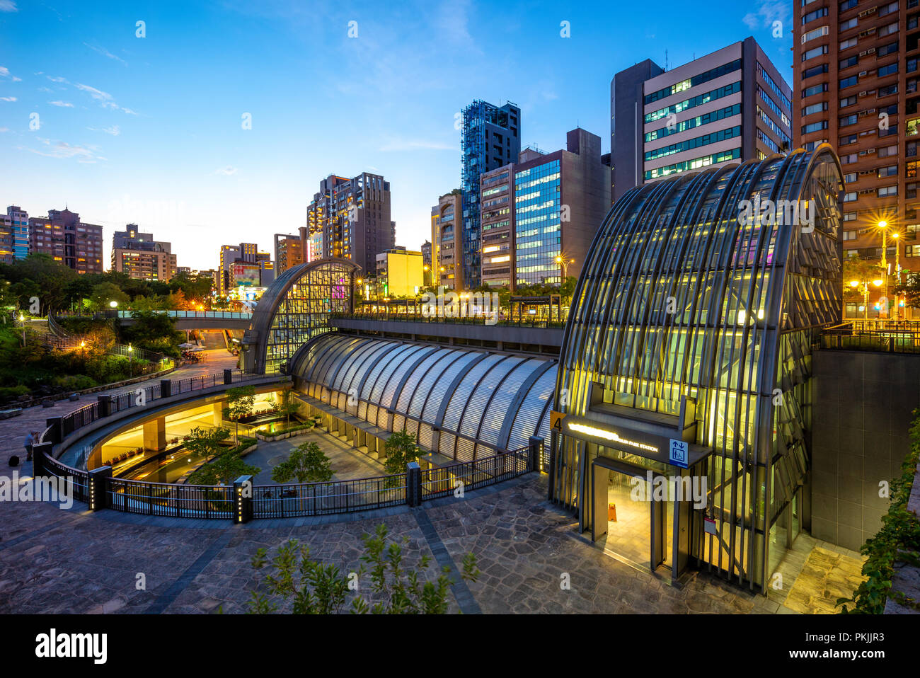 night view of daan park station in taipei Stock Photo