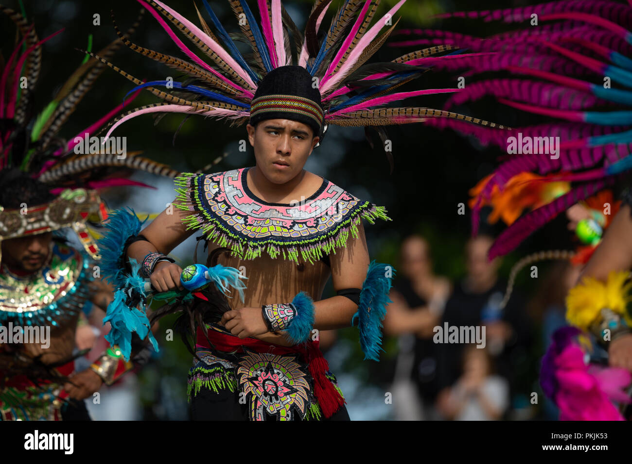 Milwaukee, Wisconsin, USA - September 8, 2018 The Indian Summer Festival: Men women and children members of the Dance Academy of Mexico performing Azt Stock Photo