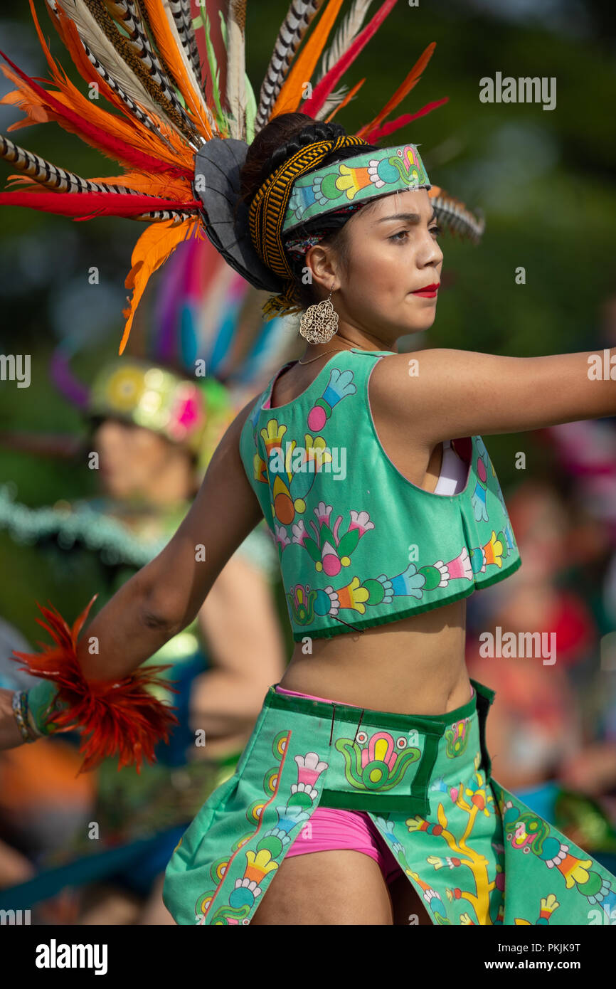 Milwaukee, Wisconsin, USA - September 8, 2018 The Indian Summer Festival: Men women and children members of the Dance Academy of Mexico performing Azt Stock Photo