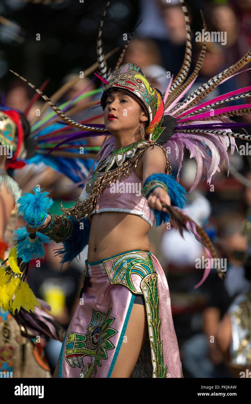 Milwaukee, Wisconsin, USA - September 8, 2018 The Indian Summer Festival: Men women and children members of the Dance Academy of Mexico performing Azt Stock Photo