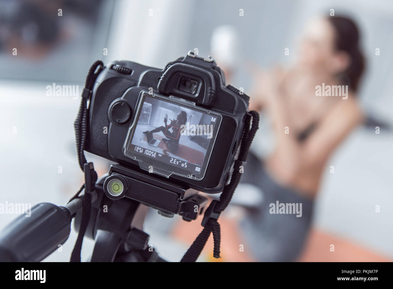 Selective focus of a camera screen while recording a video Stock Photo