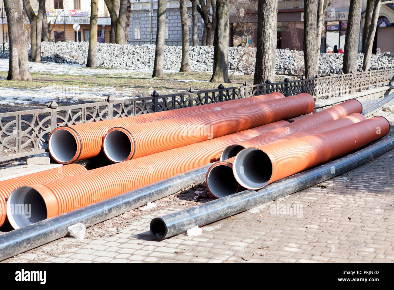 Corrugated water pipes of large diameter prepared for laying Stock