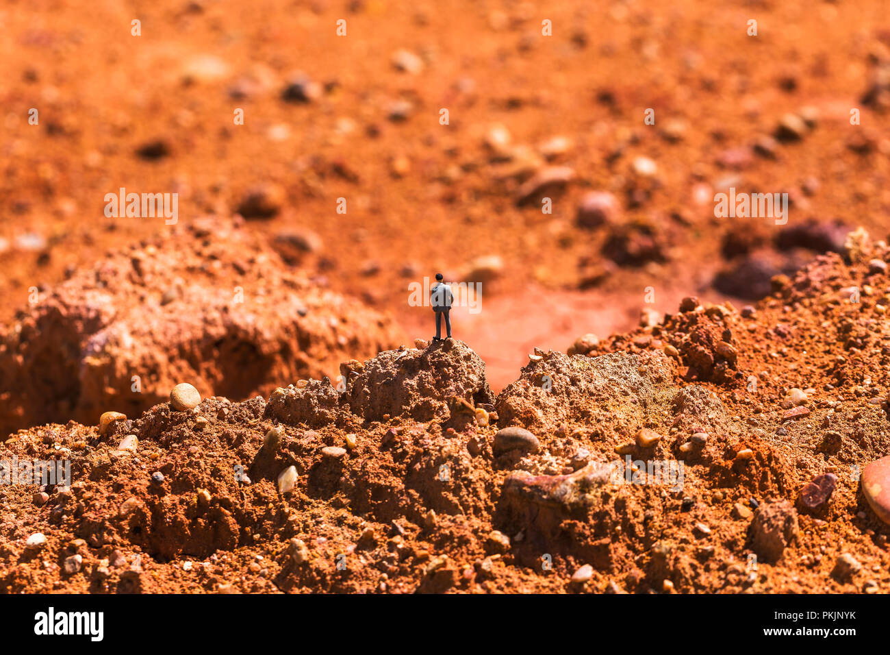 Business man on the rocky area is rocky. Imagine doing business on Mars. Stock Photo