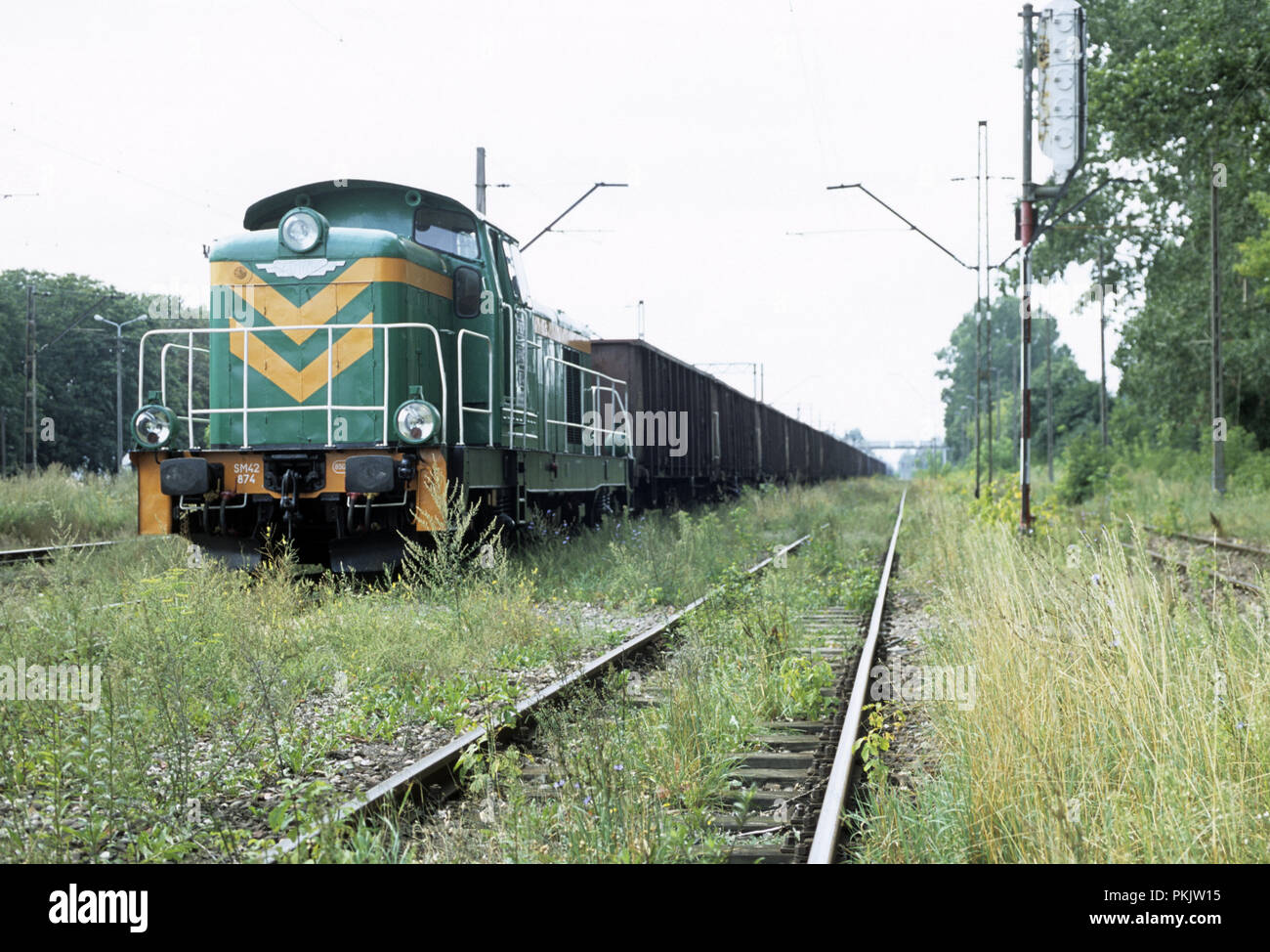 Stationary diesel locomotive train at Wolomin on the Warsaw-Suwalki railway line in Poland May 2008 Stock Photo