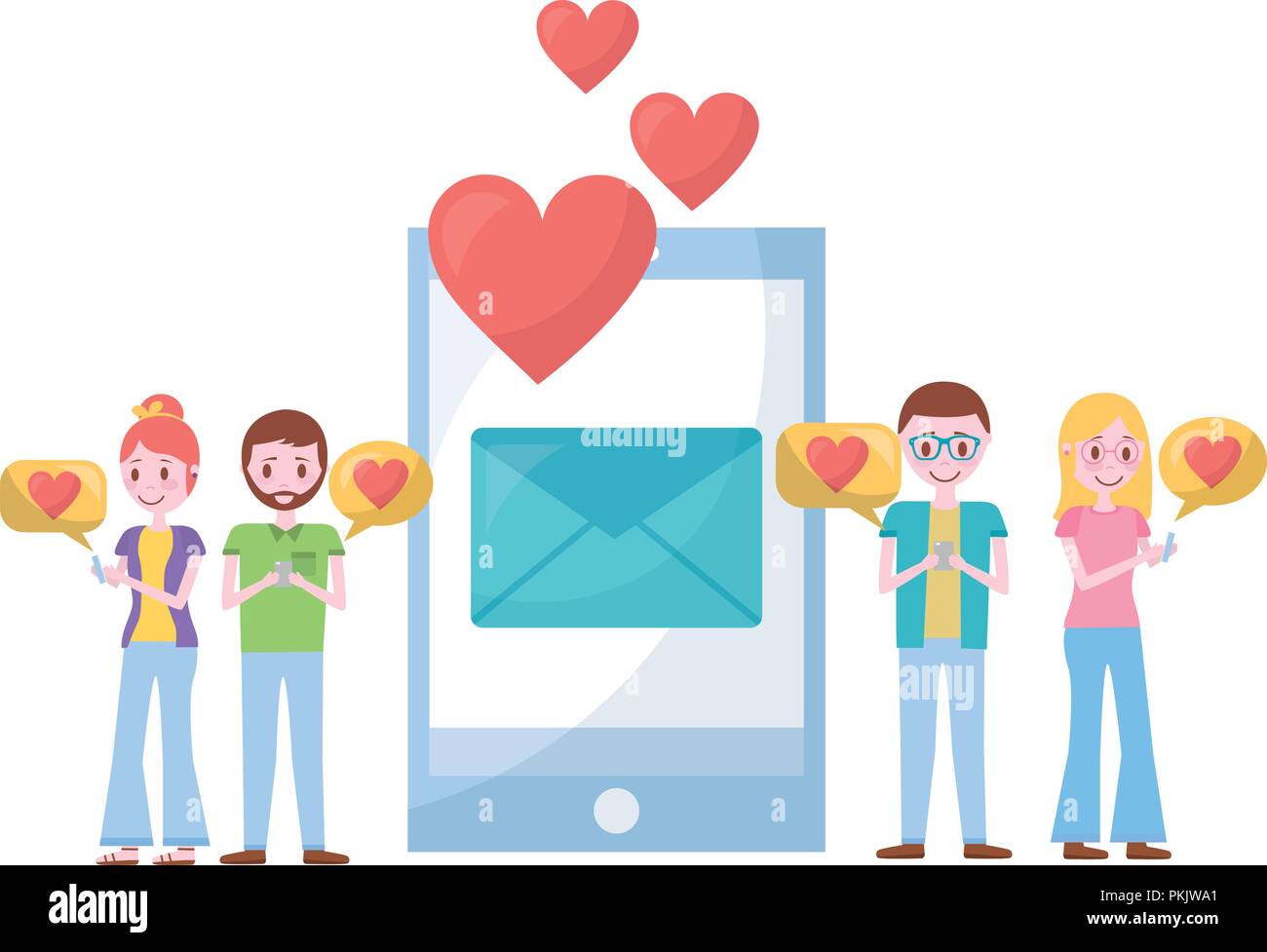 young couples with smartphone and set icons vector illustration design ...