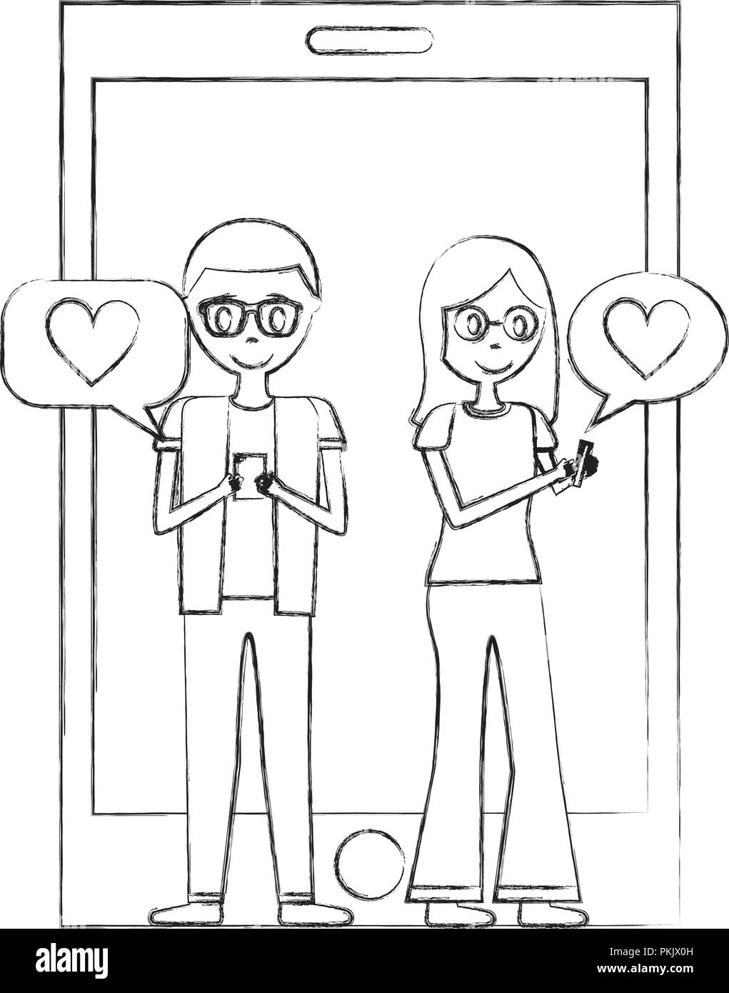 Couple With Smartphone Mobile Love Chat Message Romantic Vector Illustration Hand Drawing Stock Vector Image Art Alamy