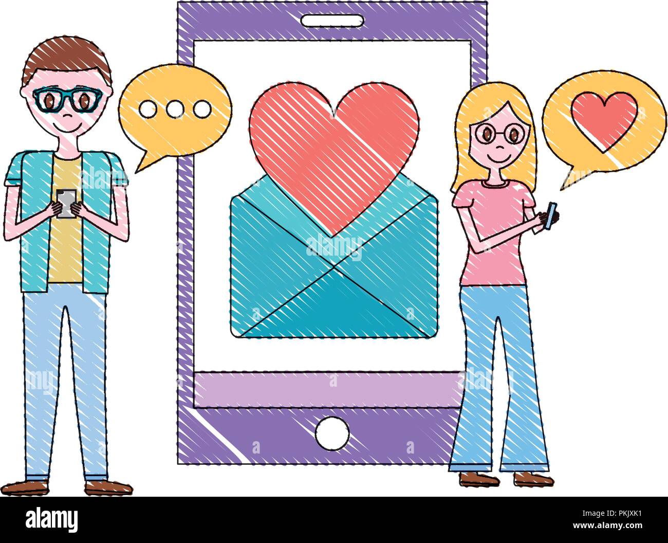 couple with smartphone mobile love chat message romantic vector ...