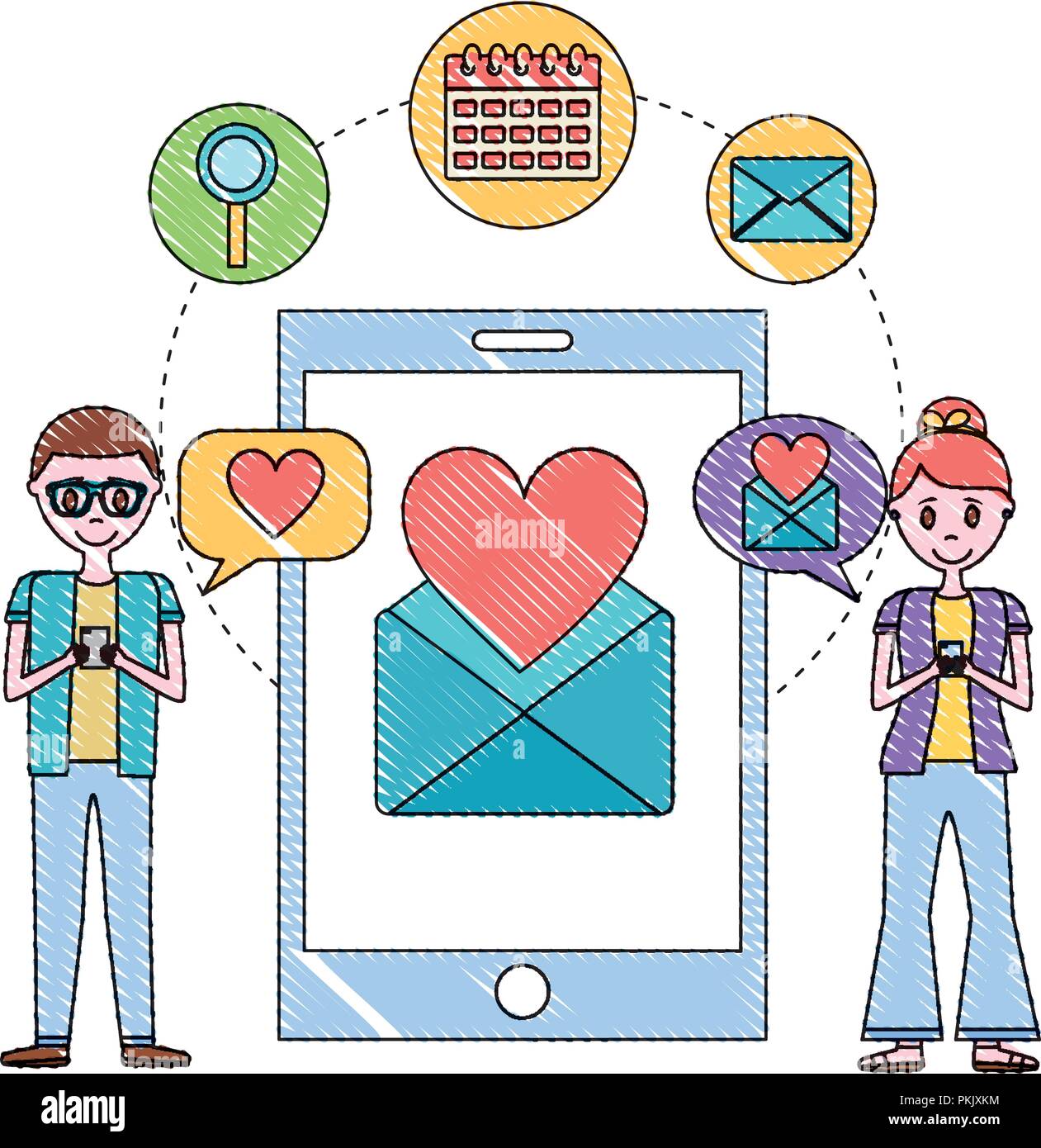couple with smartphone mobile love chat message romantic vector ...
