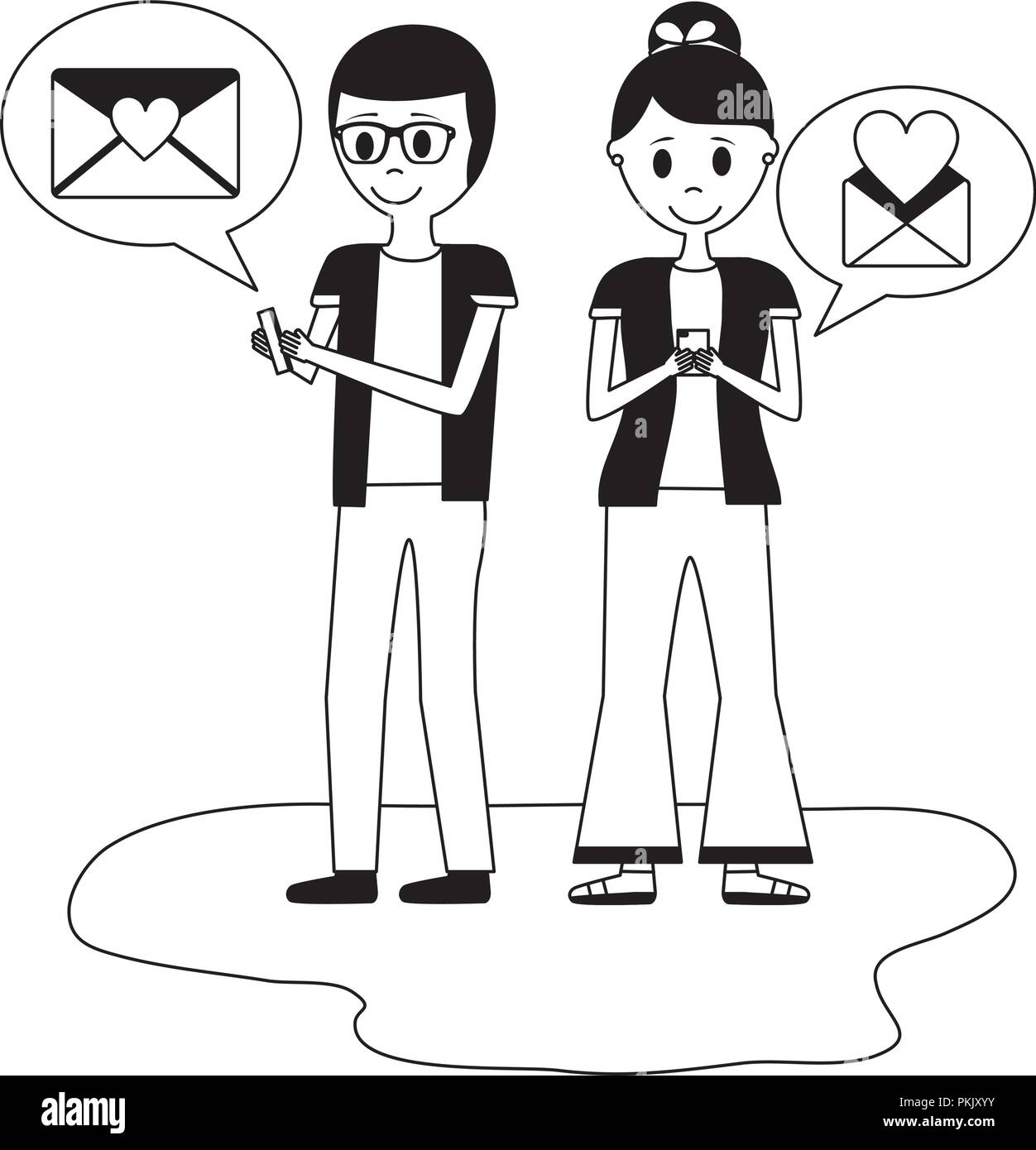young couple with speech bubbles avatar character Stock Vector