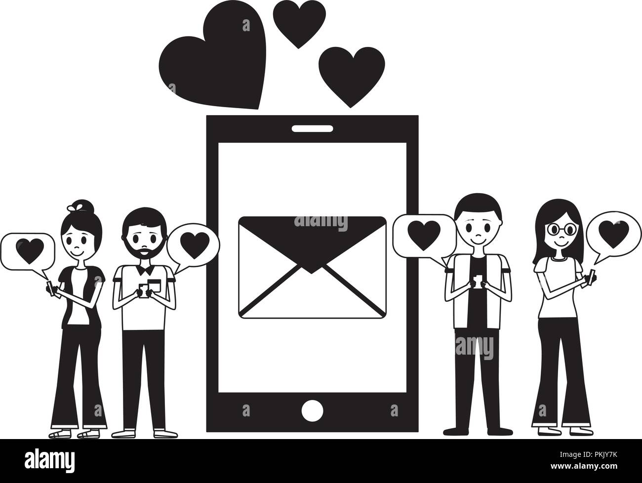 young couples with smartphone and set icons Stock Vector