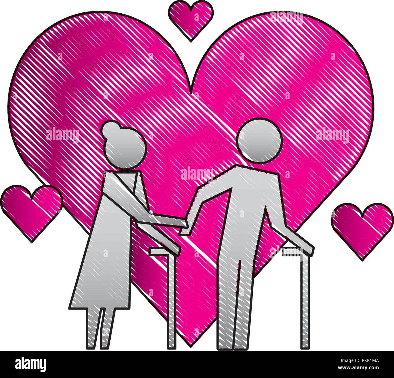 elderly couple with walk stick in love hearts Stock Vector