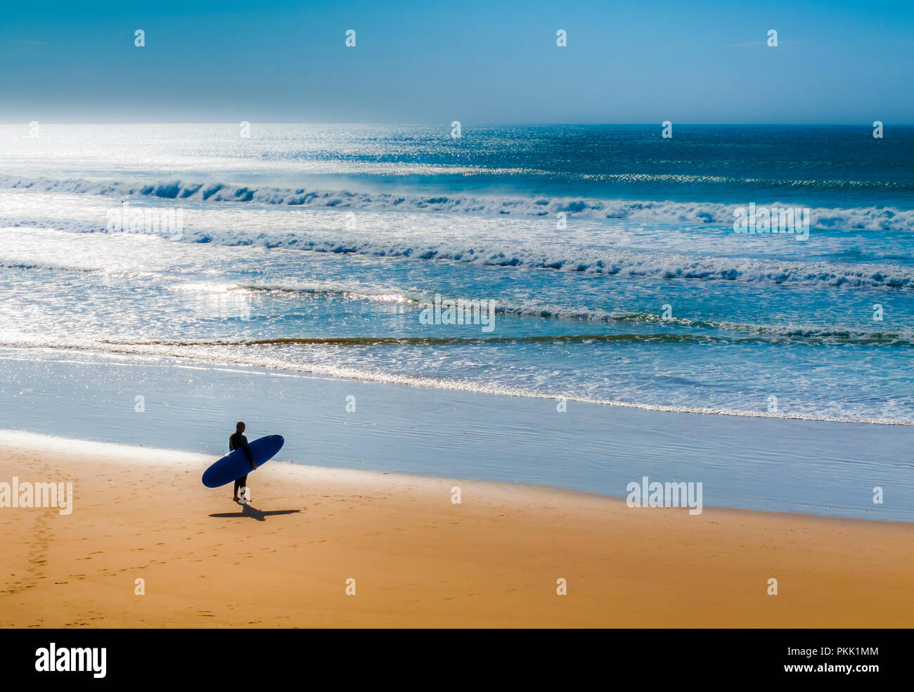 Silhouette of surfer standing on beach checking the surf conditions. Stock Photo