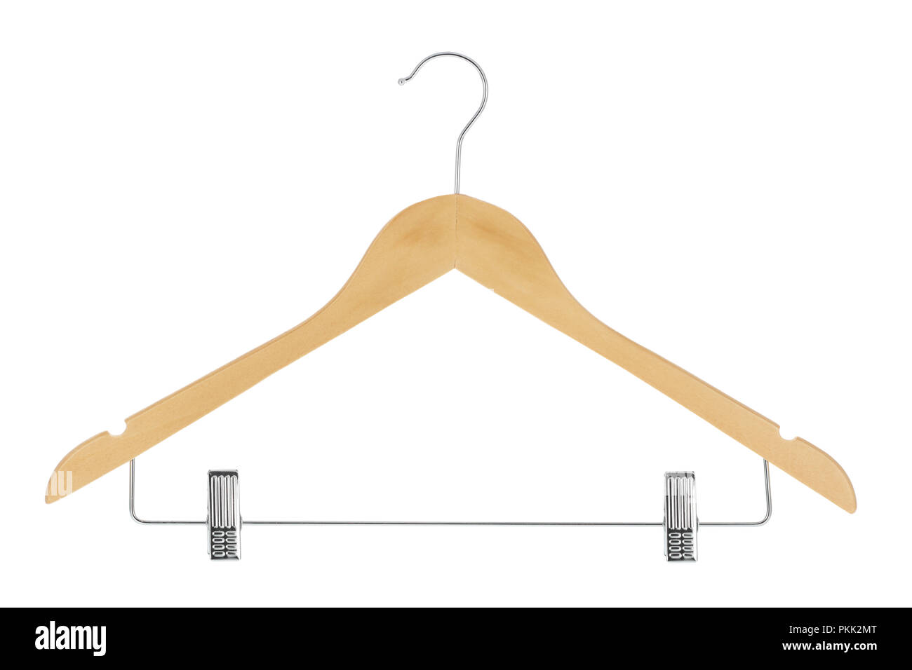 Wood clothes hanger with metal pants / skirt hanger isolated on a white background Stock Photo