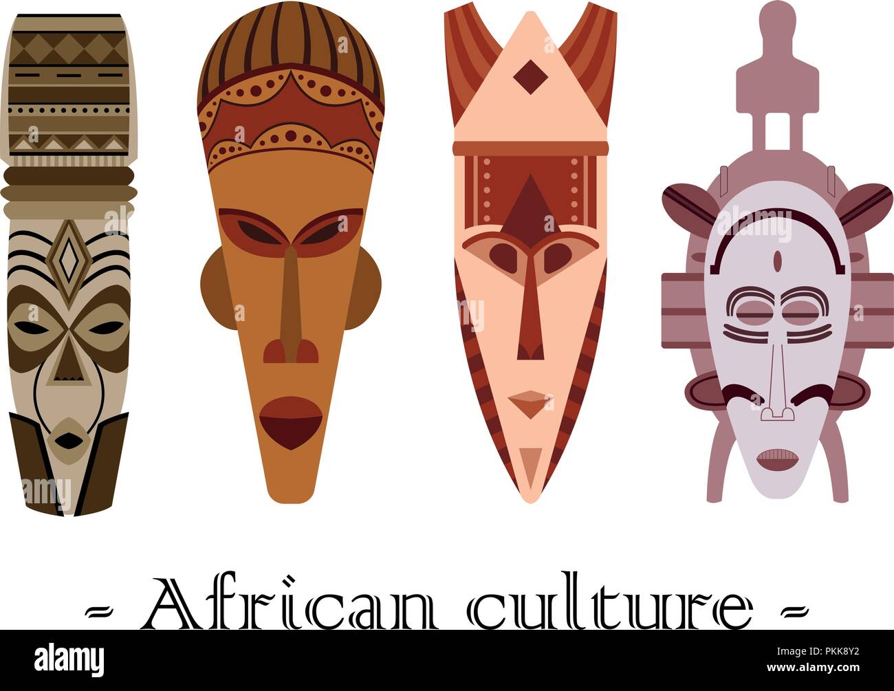 Set of four color traditional African masks on a white background Stock
