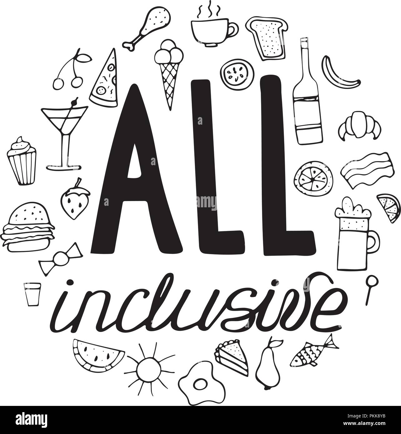 Unique hand-drawn lettering with doodles - ALL inclusive. Black-and ...