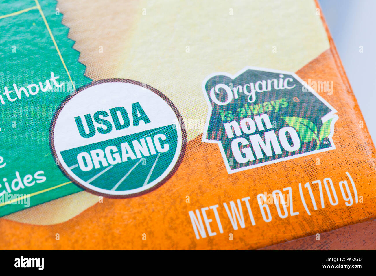 Non GMO organic label on food package - USA Stock Photo