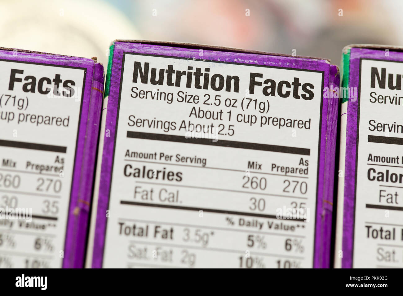 Nutrition label on food boxes (nutrition facts, nutrition information) - USA Stock Photo