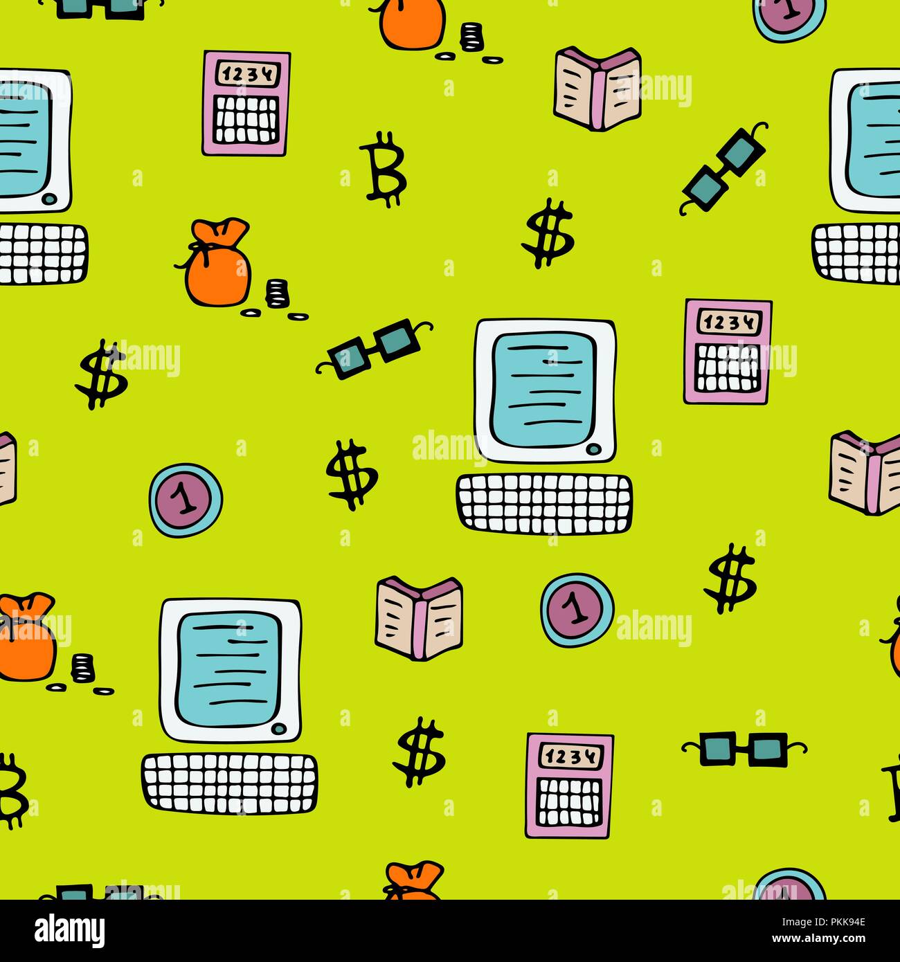 Bright seamless pattern for traders and brokers with the computer and cryptocurrency. Stock Vector
