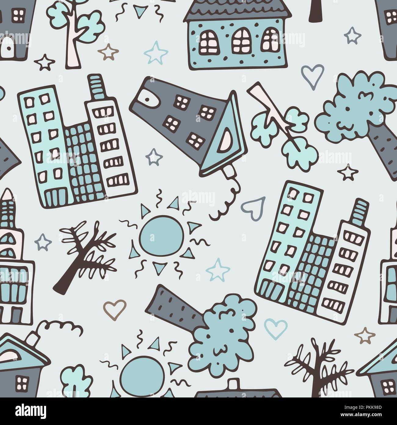 Light seamless pattern with skyscrapers, houses, and trees. Stock Vector