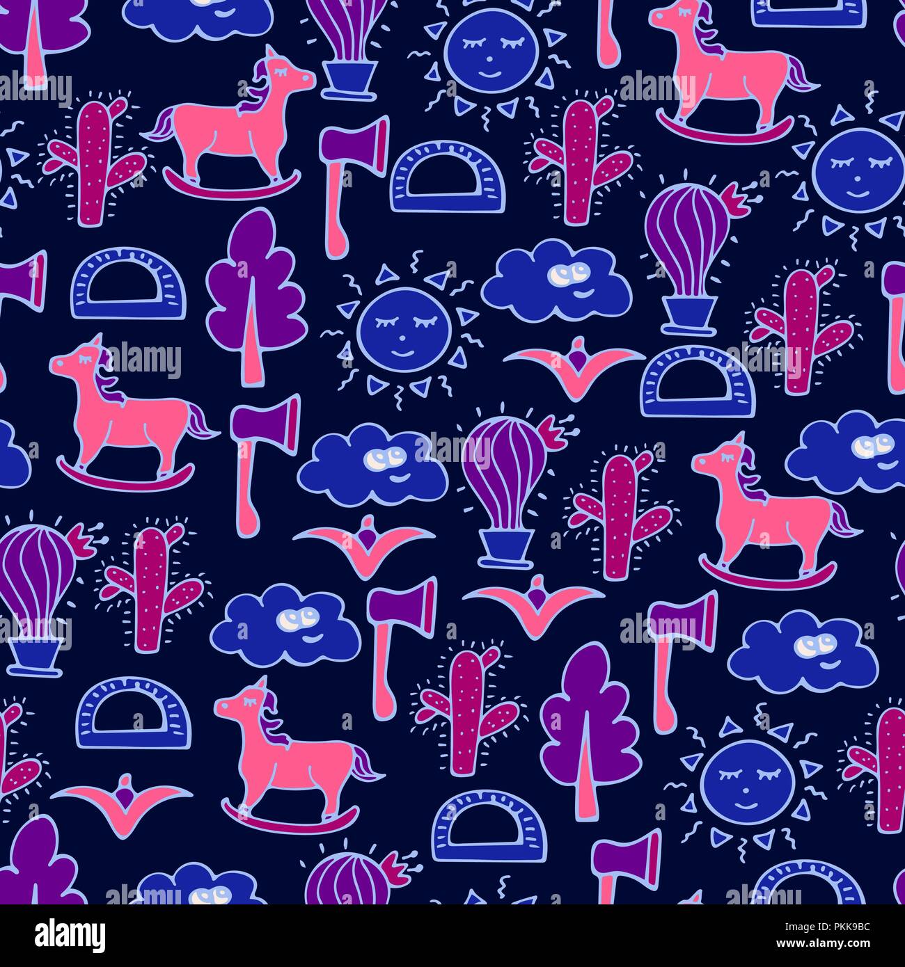 Lovely seamless pattern with horses, cactuses, trees and axes. Stock Vector