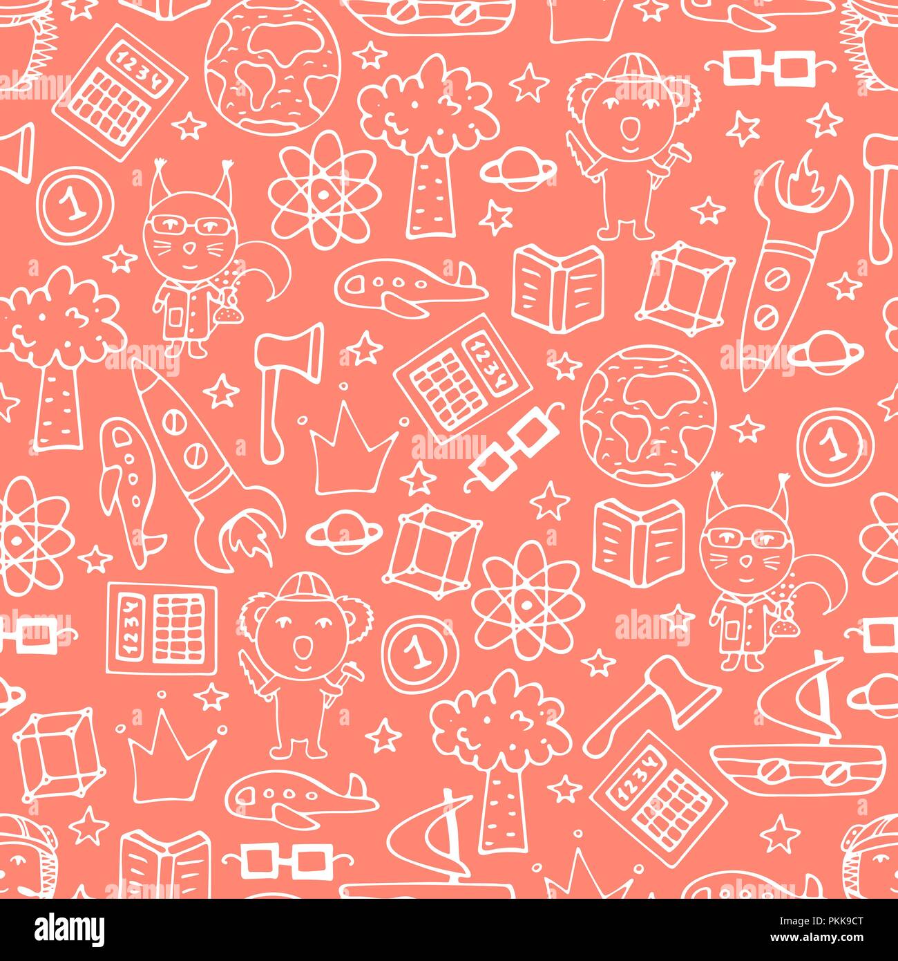 Peach seamless pattern with white doodles, koalas, squirrels, and hedgehogs. Stock Vector