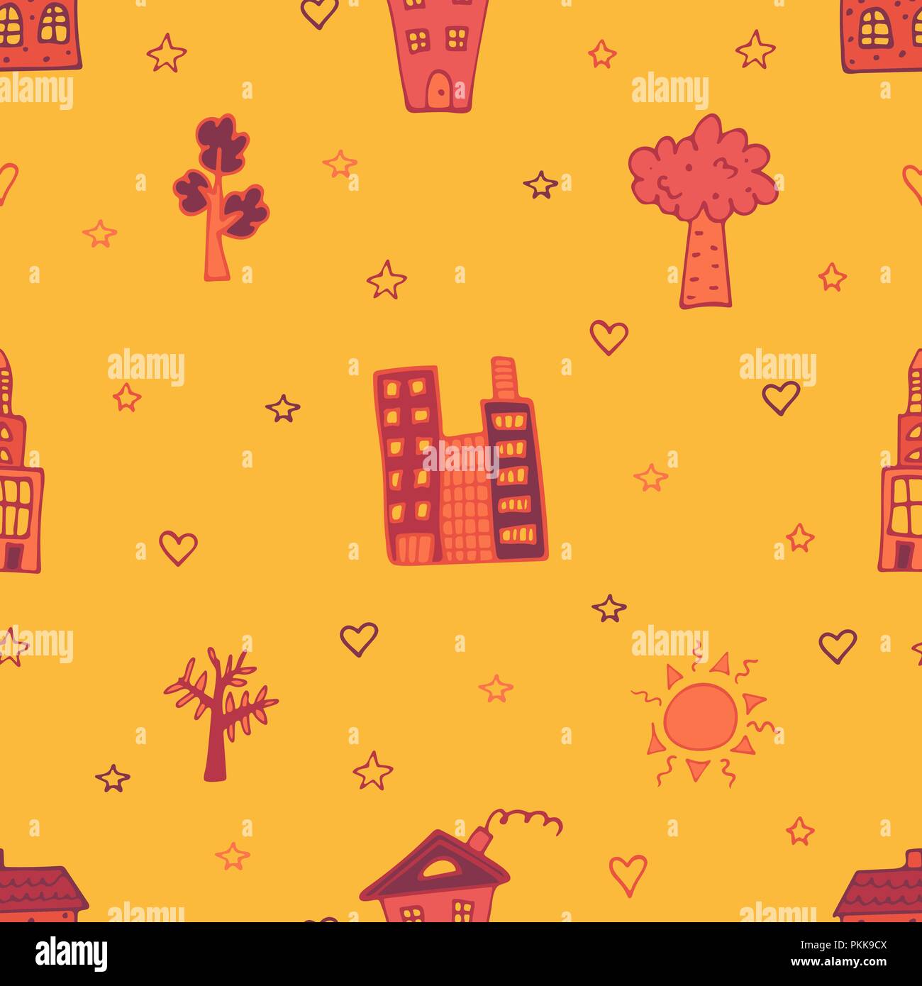 Orange seamless pattern with skyscrapers, houses and trees Stock Vector ...