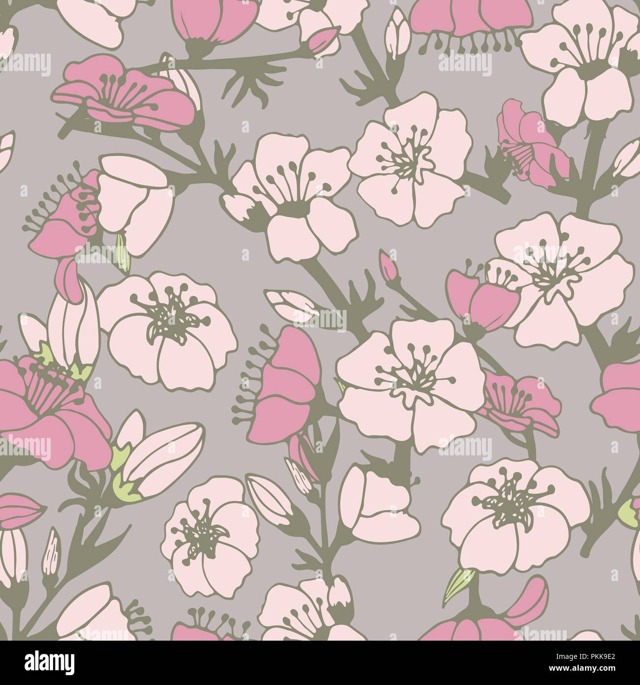 Cute flower seamless pattern with white and pink apple tree colors ...