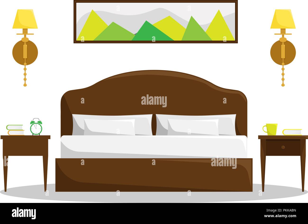 Isolated bedroom interior with double bed and bedside tables. Stock Vector