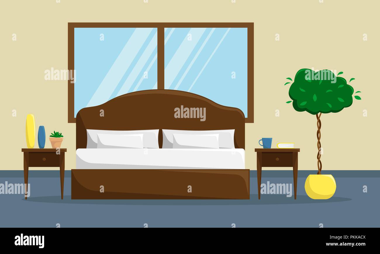 Classic bedroom interior with double bed and bedside tables. Stock Vector