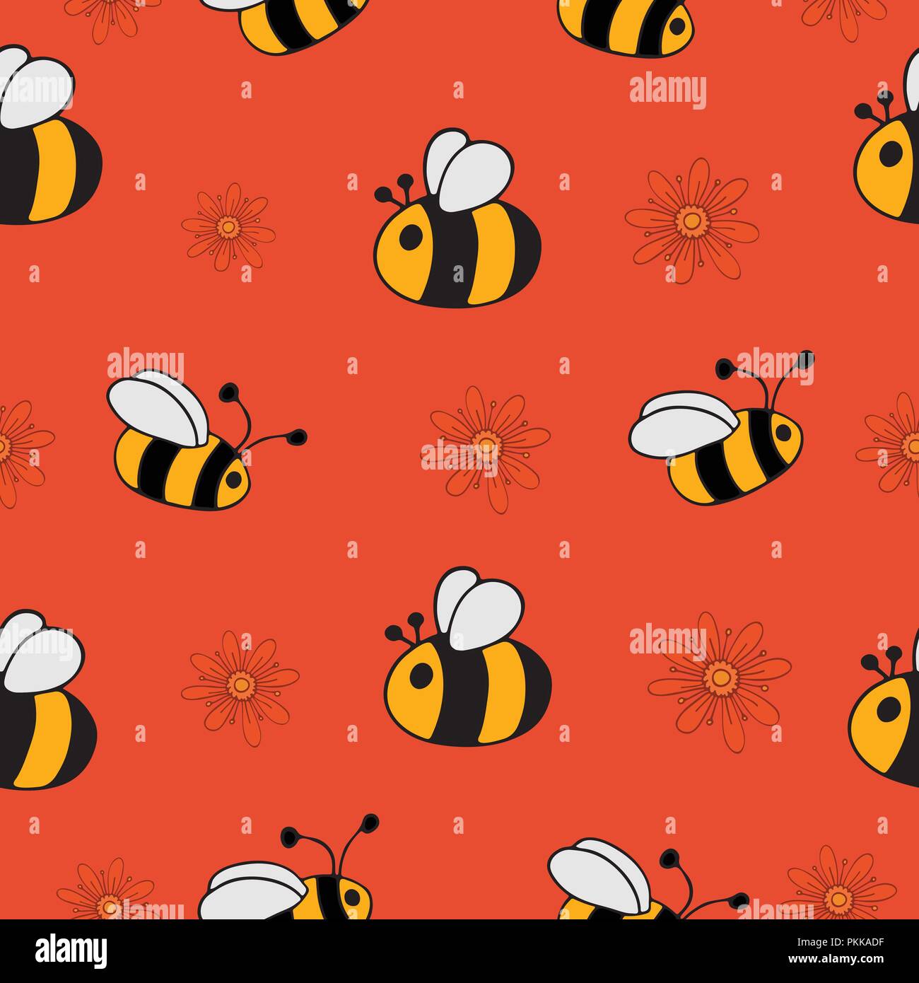 Seamless pattern with bees and flowers. Stock Vector