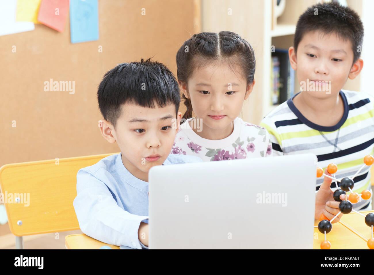 Elementary school students use computers in the classroom Stock Photo