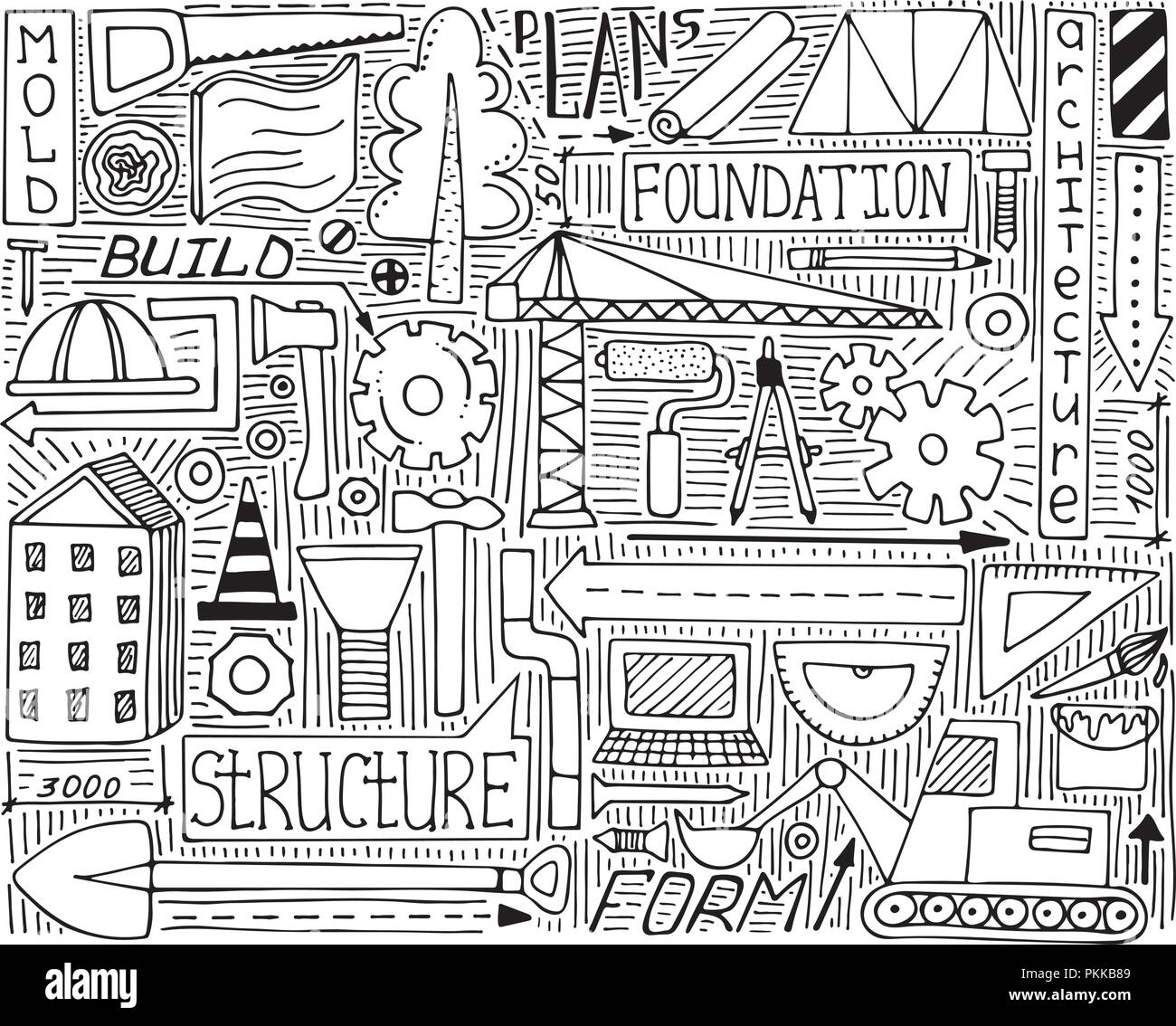 Black-and-white doodle set with construction, design and mechanism elements. Stock Vector