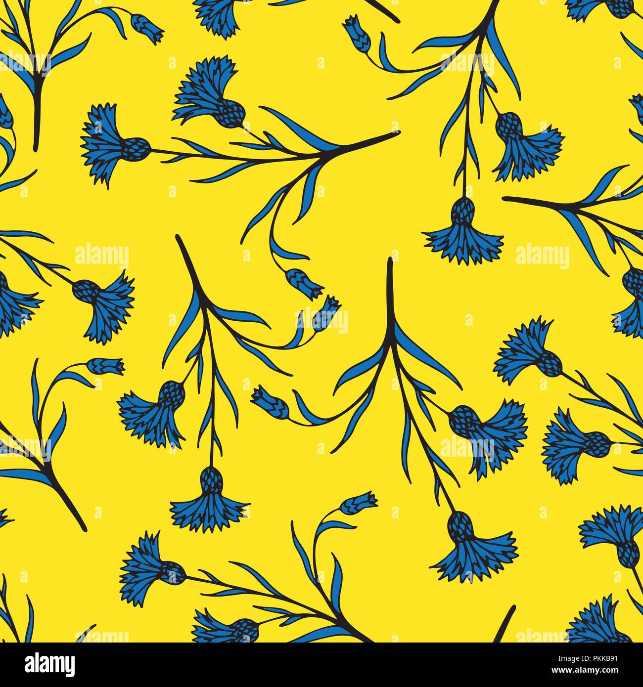 Bright flower seamless pattern with hand-drawn cornflowers. Stock Vector