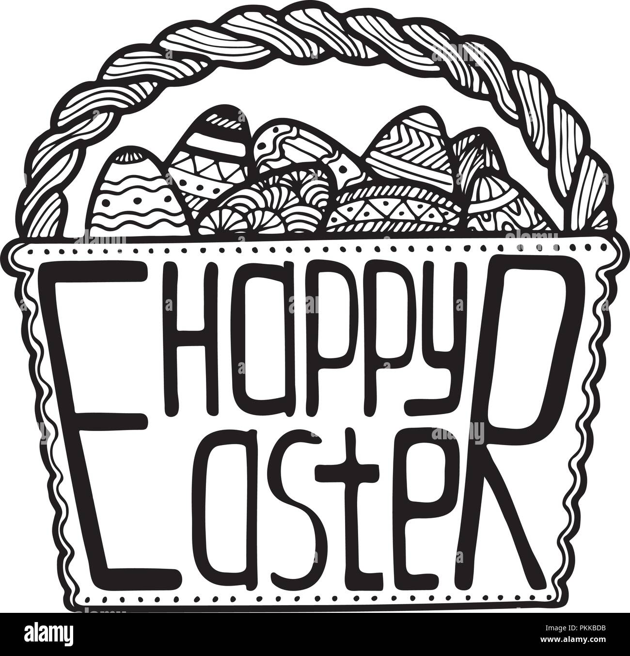 Basket with Easter eggs and a creative lettering inside. Stock Vector