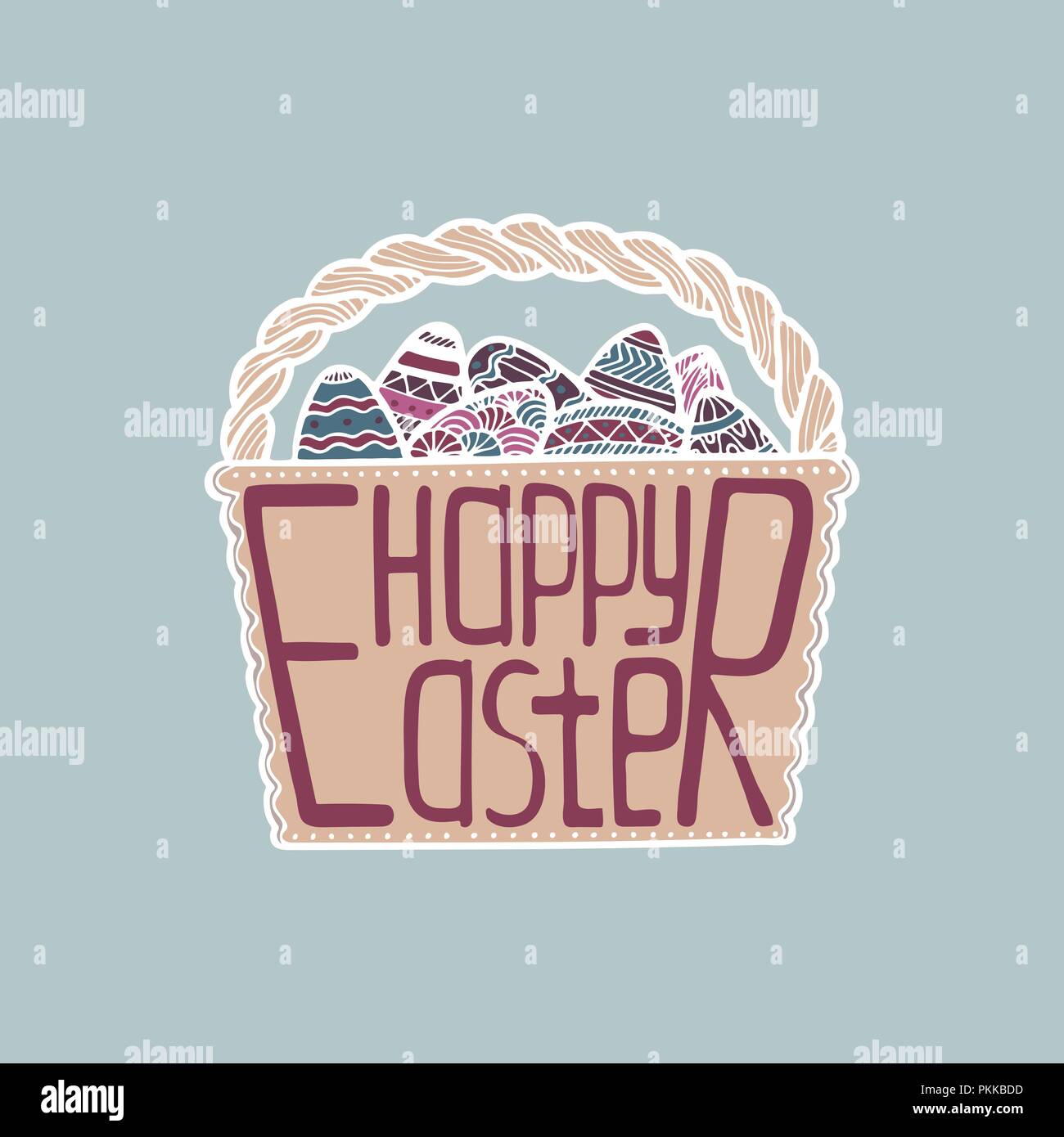 Basket with Easter eggs and a creative lettering inside. Stock Vector