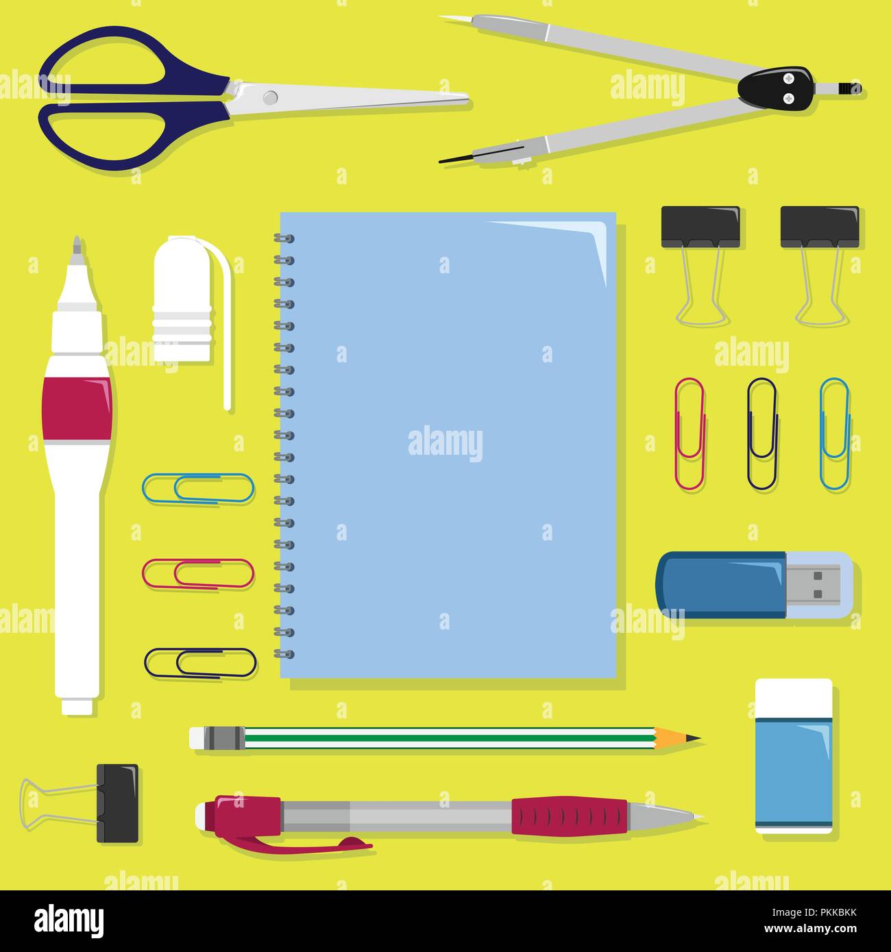Flat set of stationery on the table. School or office vector set Stock ...
