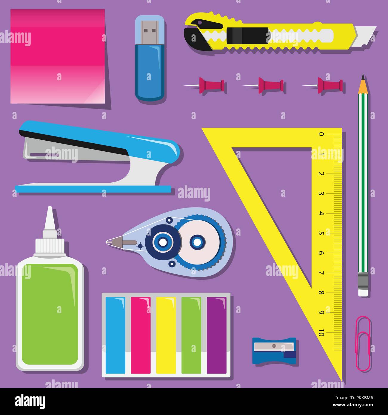Flat set of stationery on the table. School or office vector set Stock ...