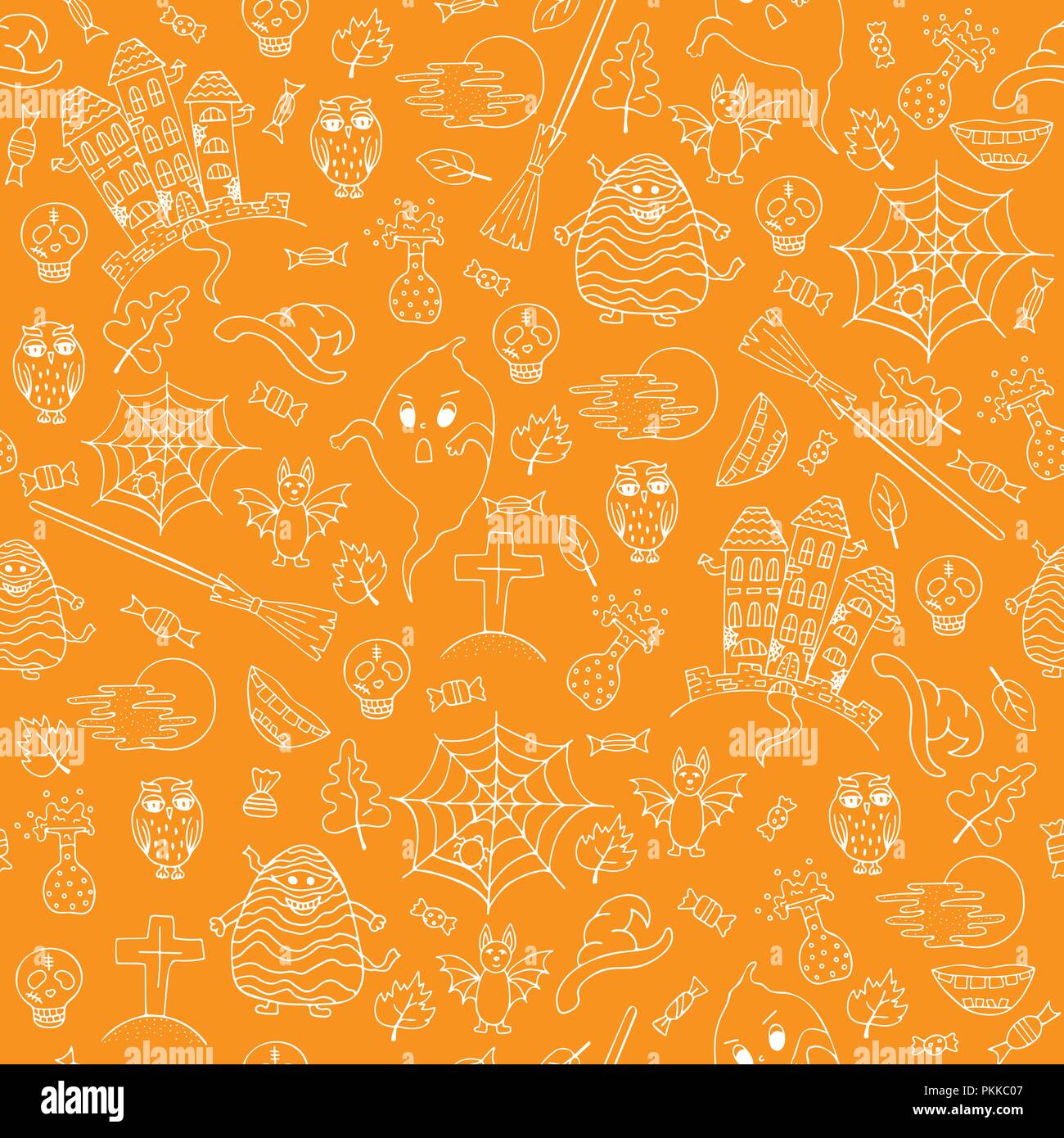 Hand-drawn Halloween orange seamless pattern with white doodles. Stock Vector