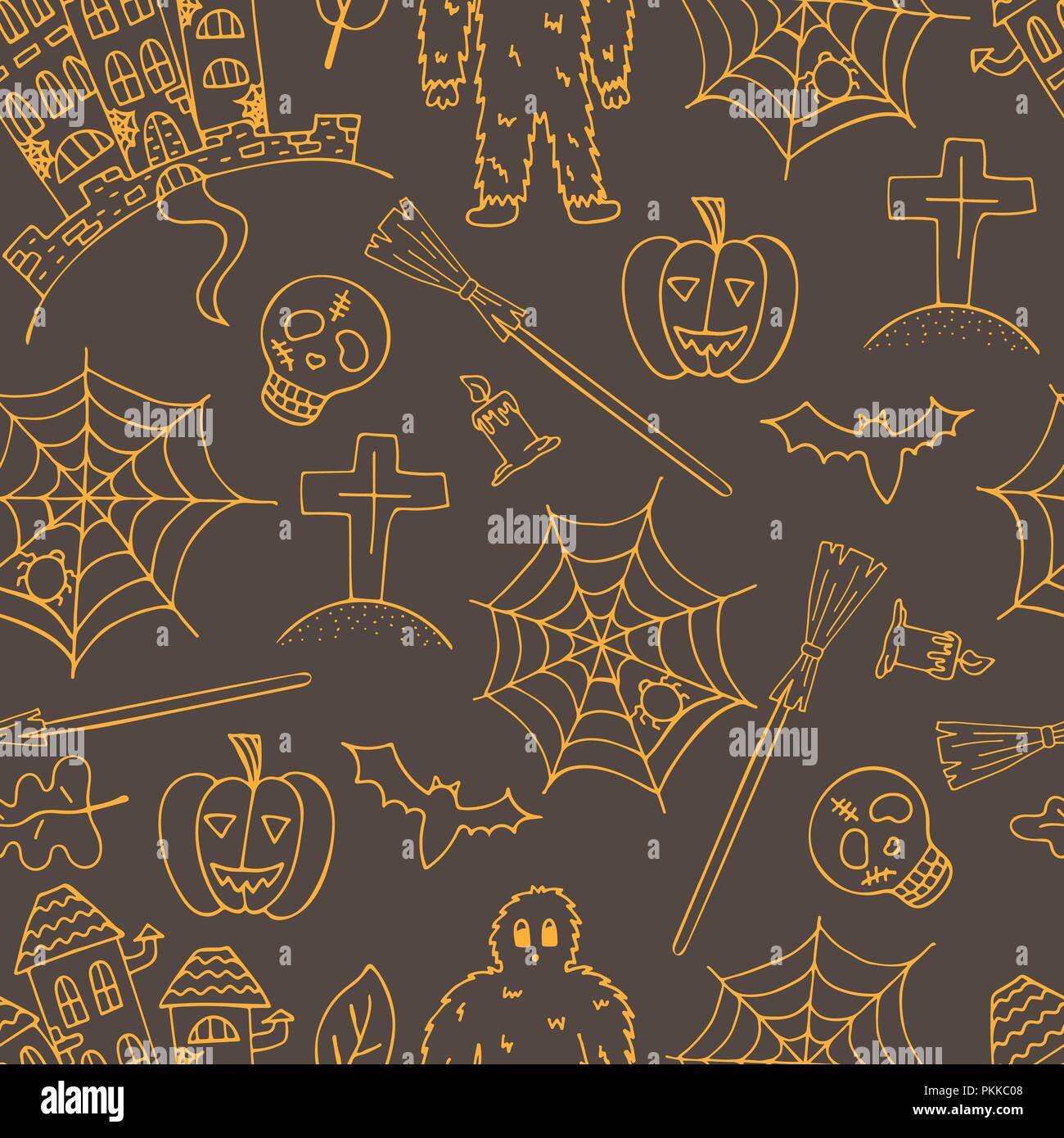 Hand-drawn Halloween brown seamless pattern with orange doodles. Stock Vector