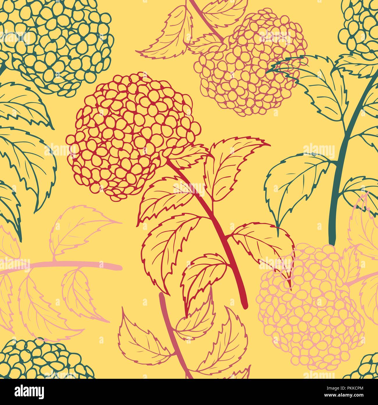 Bright flower seamless pattern with multicolor hydrangeas. Stock Vector