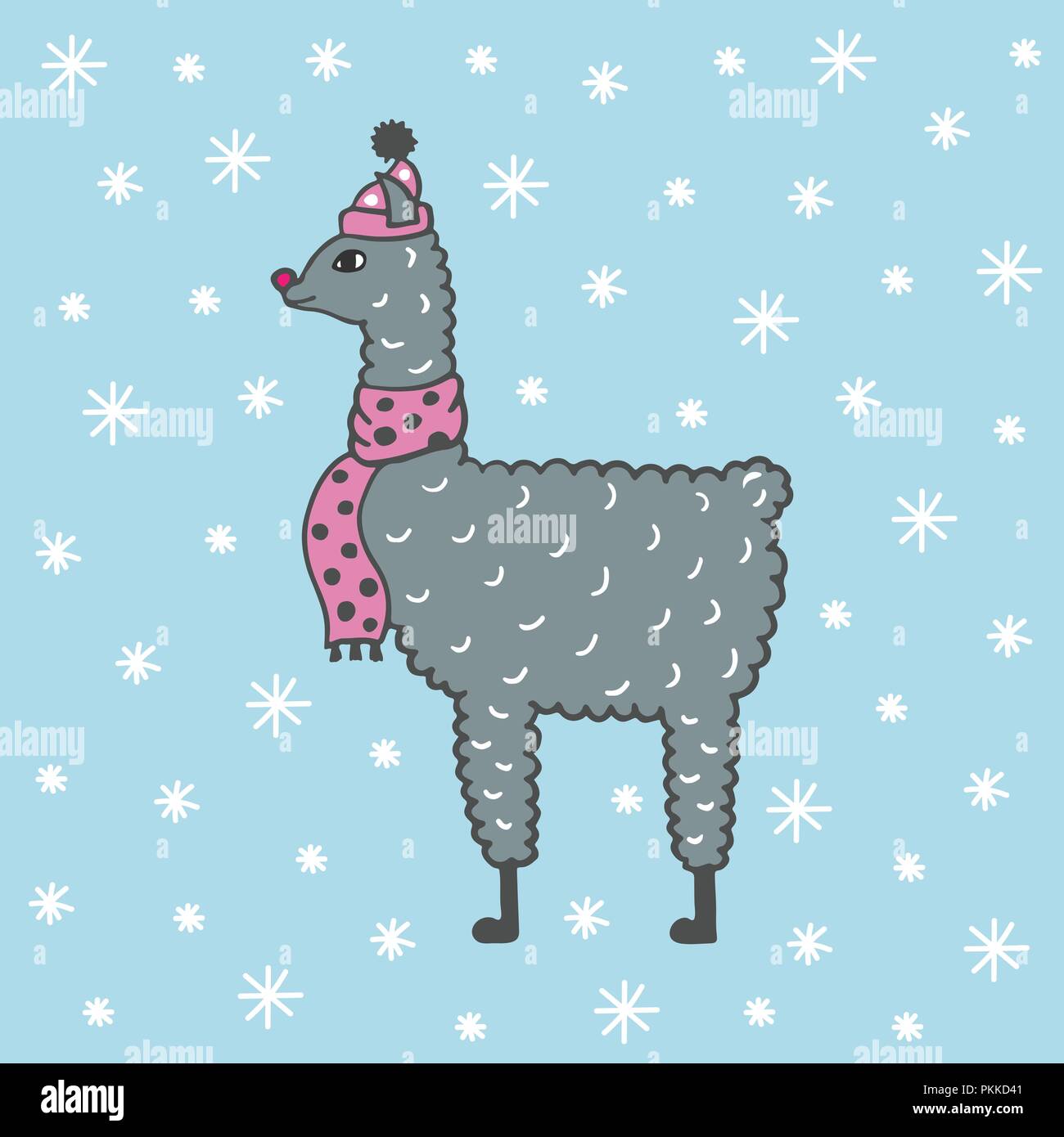 Cute hand-drawn illustration of a lama in a cap and a scarf. Blue background  with snowflakes Stock Vector Image & Art - Alamy